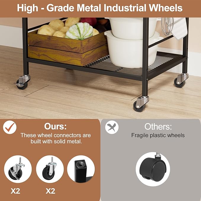 3-Tier Kitchen Cart with Adjustable Shelves - Microwave Storage Cart & Utility Rolling Organizer, Industrial Wheels for Small Spaces, 15.7"x23.6"x33.7" Black Panel and Black Frame