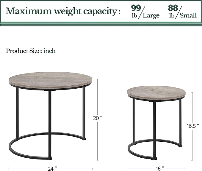 Yaheetech Nesting Coffee Table Set of 2, Nesting Table, Rustic Stacking Side Tables, Nesting End Table Set w/Round Wooden Tabletop and Sturdy Metal Base for Living Room,Small Space, Gray
