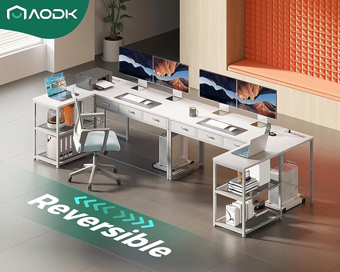 AODK 53 Inch L Shaped Computer Desk with Drawers, Corner Desk with Power Outlets & Reversible Storage Shelves, Movable CPU Stand for Home Office Gaming, White
