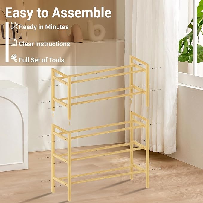 Haddockway Bamboo Shoe Rack for Closet, Free Standing Shoe Organizer with Smooth Round Rods & Convenient Handles, Stackable Shoe Storage Shelf for Entryway, Hallway(Natural, 5-Tier)
