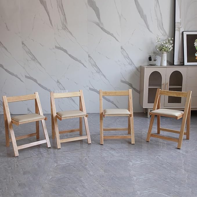 Wood Round Folding Dining Table with 4 Chairs, Solid Wood Folding Chair Set of 2, Space Saving Foldable Dining Table with 4 Chairs
