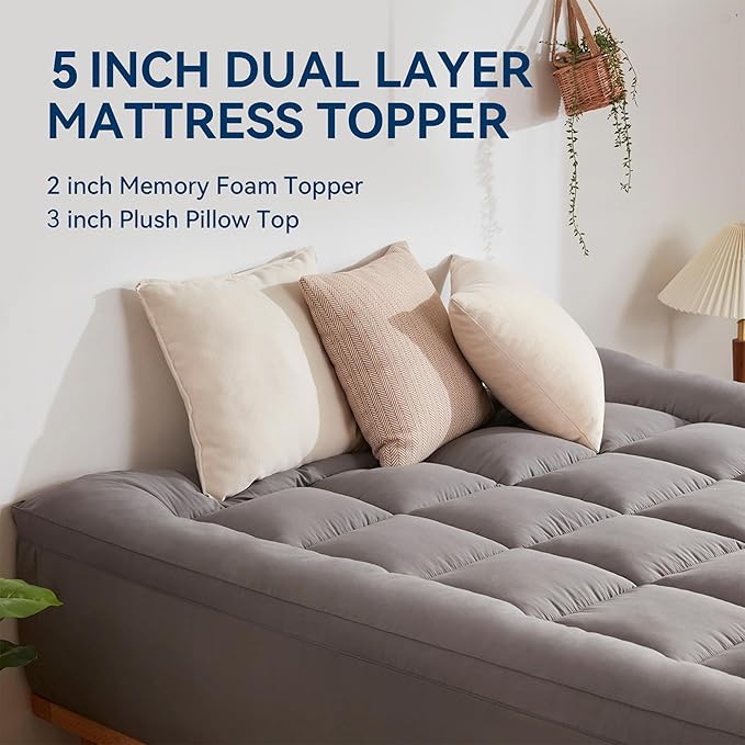 BDEUS Dual Layer 5 Inch Memory Foam Mattress Topper King Size, 2 Inch Gel Memory Foam Plus 3 Inch 1450 GSM Down Alternative Quilted Pillow Top Mattress Pad Cover,Dark Gray