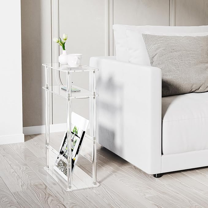 HMYHUM Acrylic Narrow End Table for Small Spaces with Magazine Holder, Slim Side Small Nightstand/Bedside Table for Living Room, Bedroom, 3 Tier, 15.7" L x 7" W x 23" H, Clear