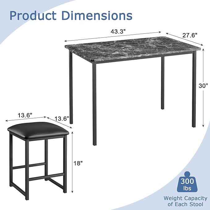 VECELO Kitchen Table and Chairs for 4, Dining Room Set with PU Chairs/Stools, Heavy-Duty Metal Frame, Faux Marble Tabletop, Space-Saving Design for Small Spaces, Easy Assembly, Elegant Black