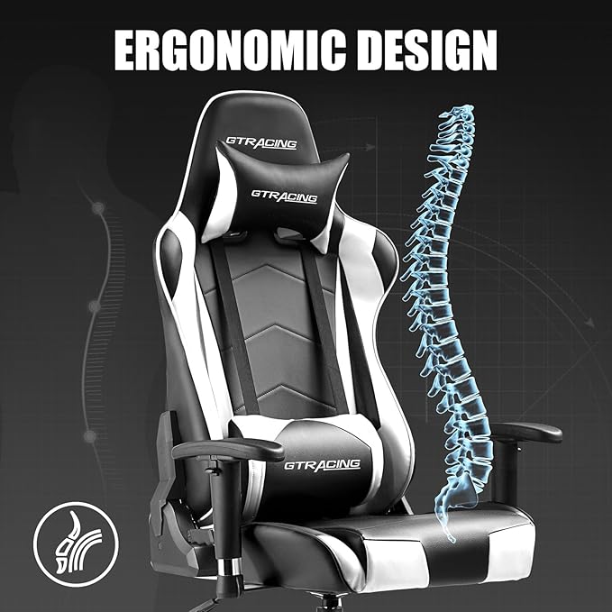 GTRACING Gaming Chair Racing Office Computer Ergonomic Video Game Chair Backrest and Seat Height Adjustable Swivel Recliner with Headrest and Lumbar Pillow Esports Chair (White)