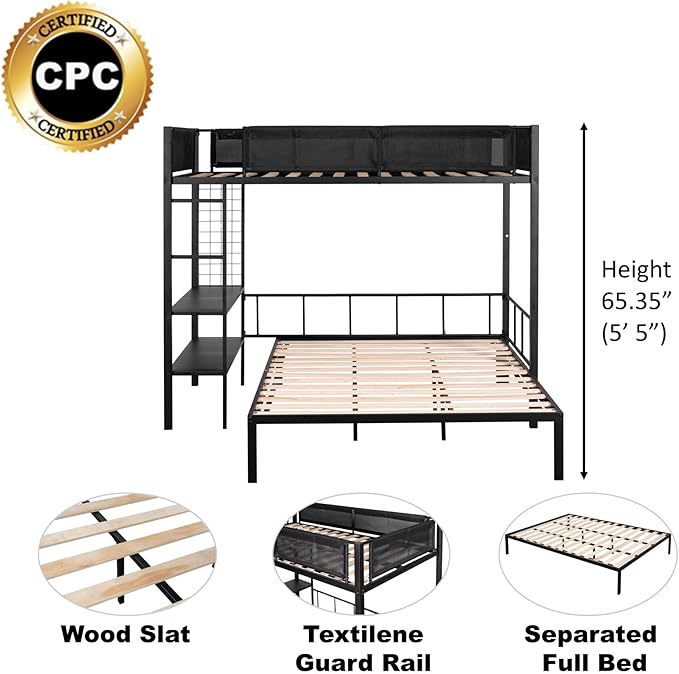 Twin Over Twin Size Bunk Bed with Multiple Storage Shelves & Wardrobe Design,Castle-Shaped Metal Bedframe W/Safety Guardrails & Ladder,for Kids Teens Boys Girls Bedroom