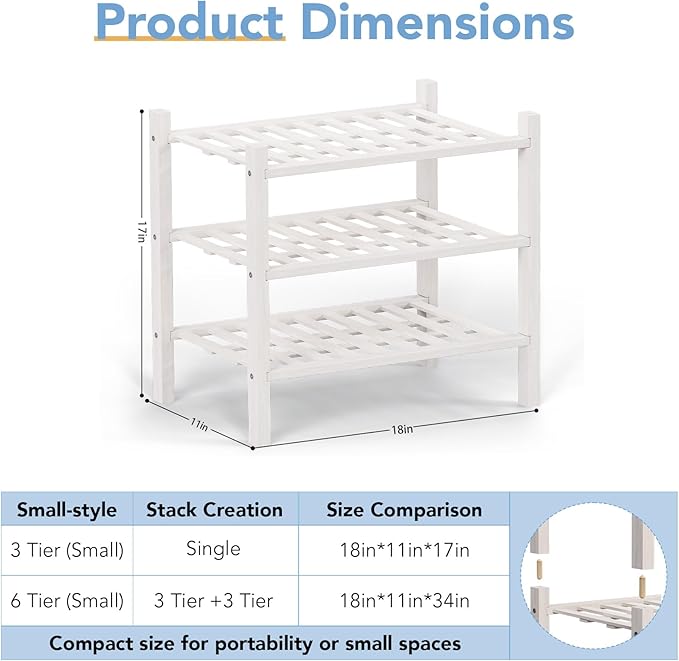 Haddockway small 3 Tier Bamboo Shoe Rack Storage Organizer, Multifunctional Free Standing Stackable Shoe Shelf with Grid Panel for Closet,Hallway,Entryway,Small Space 18"x11"x17"(White, 3-Tier(Small))