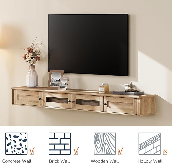 WAMPAT Floating TV Stand for TVs up to 80 Inch, Wooden Floating TV Shelf with Storage Cabinet, Modern Floating TV Shelf Entertainment Center for Living Room, Oak