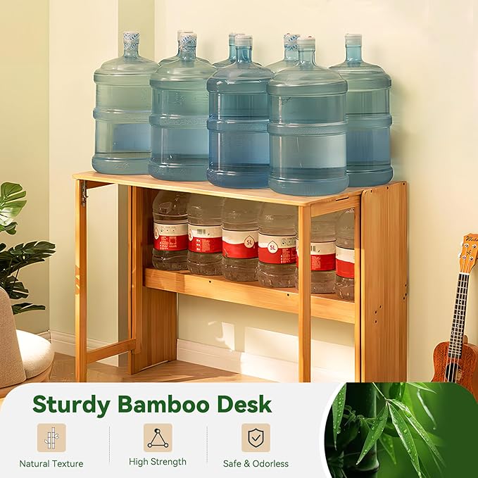Bamboo Folding Desk Mid Century Modern Desk for Home Office Bedroom Small Spaces，Natural