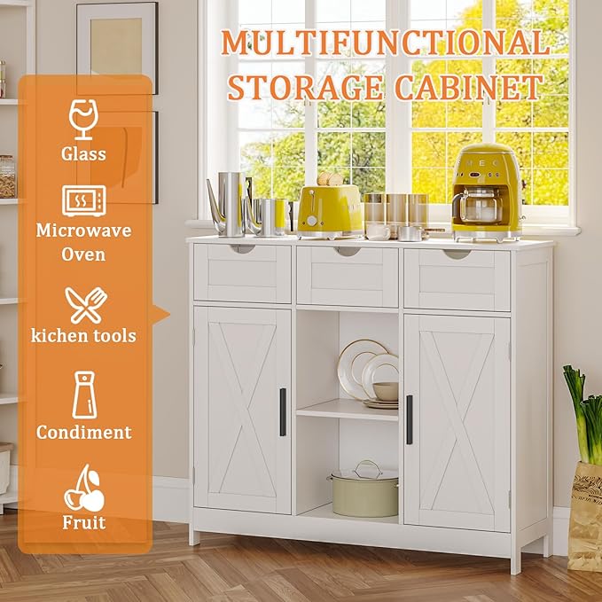Storage Cabinet, Coffee Bar Cabinet with 2 Adjustable Shelves, 3 Drawers, and 2 Doors, for Bathroom, Kitchen, Living Room (White)