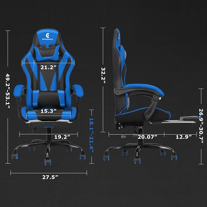 Gaming Chair with Linkage Armrest & Footrest, High Back Video Gaming Chair, Black/Blue