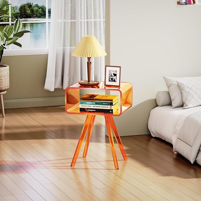 Acrylic Side Table, Acrylic Nightstand Bedside Table for Bedroom (Orange, 16.5'' x 11.8'' x 21.6'')