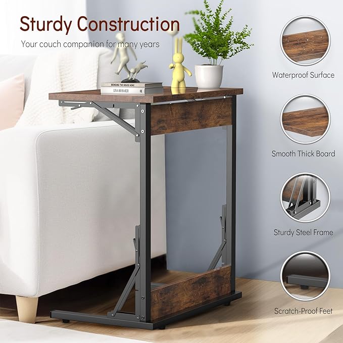 Tatub 24" Folding C Shaped End Table, Small Sofa Side Laptop Desk, Couch TV Tray Table for Living Room, Bedroom, Rustic Brown