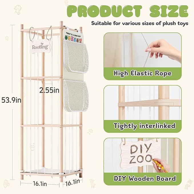 Stuffed Animal Storage & Organizer, 54 inch Tall Wooden Cute Zoo Toy Holder w/Building Block Storage Bag, Premium Wooden Material with Elastic Cord For Toddler Rooms, Playrooms & Bedrooms