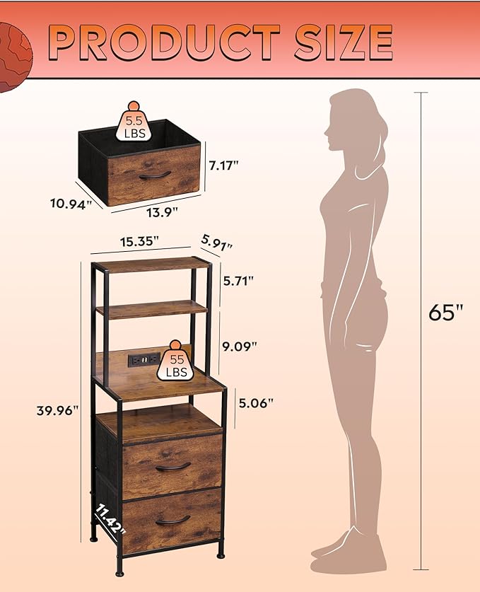 WLIVE Nightstand Set of 2 with Charging Station, LED Night Stand Sets with 2 Drawers and 4 Storage Open Shelves, Fabric Dressers for Bedroom, Rustic Brown