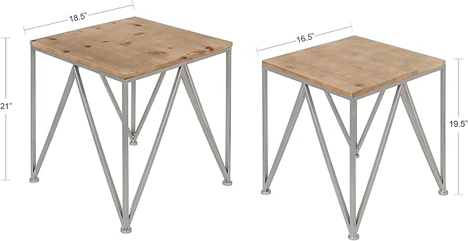 Kate and Laurel Uzma 2-Piece Modern Side Accent Tables Geometric Metal Silver Base with Natural Wood Tops