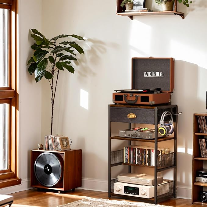 4-Tier AV Media Stand with Drawer, Video Game Console Shelf with 2 Hooks, Audio Rack Tower Perfect for/Xbox/ PS5/Switch/Game Consoles/DVD/Record Player/Projector/Sky Box/TV Accessories