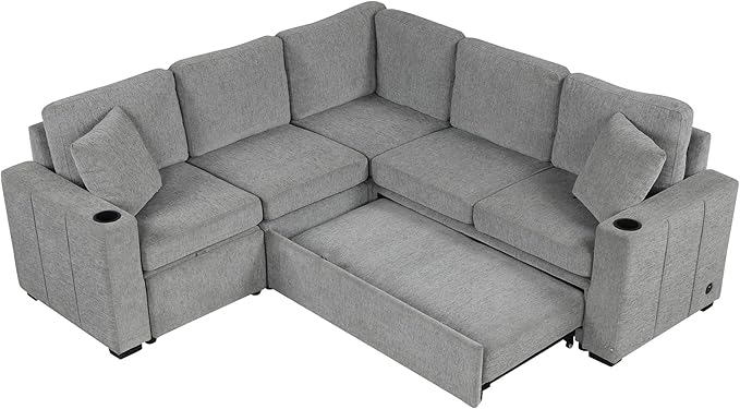 84.7" Symmetrical Convertible Sleeper Sectional Sofa Couch Bed for Living Room 4 Seater L Shaped Reversible Pull Out Sleeper Sofabed with Movable Ottoman ,2 Cup Holders ,USB Ports, Detachable Backrest