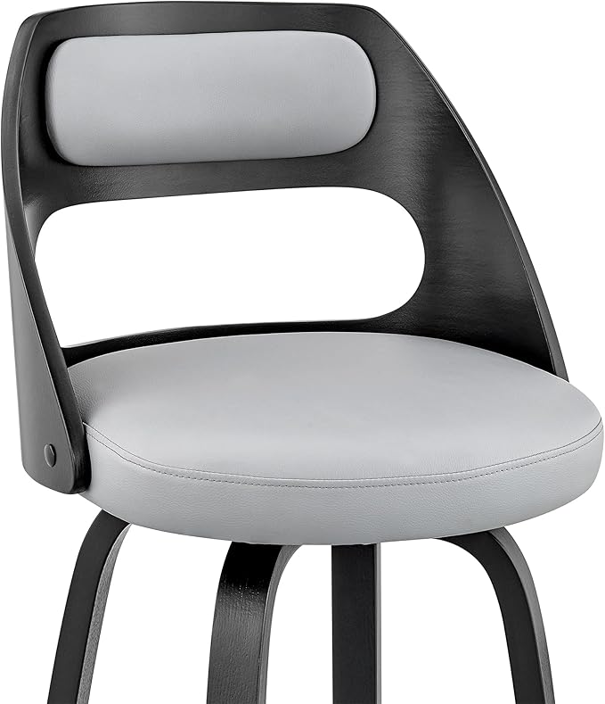 Armen Living Julius Mid Century Modern Swivel Bar Stool for Kitchen Island Counter in Gray Faux Leather and Black Wood, 26" Seat Height