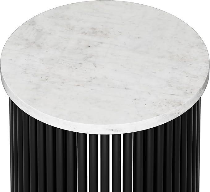 SIMPLIHOME Demy 18-inch Wide Metal Accent Table in White Marble/Black Metal, Round Side Table for Living Room, Bedroom, or Office, Industrial Style, Assembled