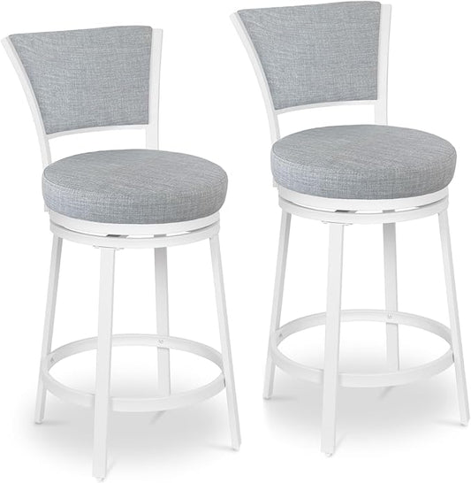 Bar Stools, Counter Height Barstools Set of 2, 25" Linen Fabric Metal Round Swivel Bar Chairs with Back, Modern Upholstered Counter Stools for Kitchen Island, Grey & White