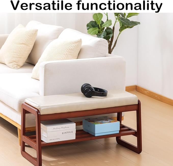 Shoe Rack Bench, Solid Wood Entryway Bench, Shoe Storage with Cushion Seat for Entry, Hallway (Beige-21.65")
