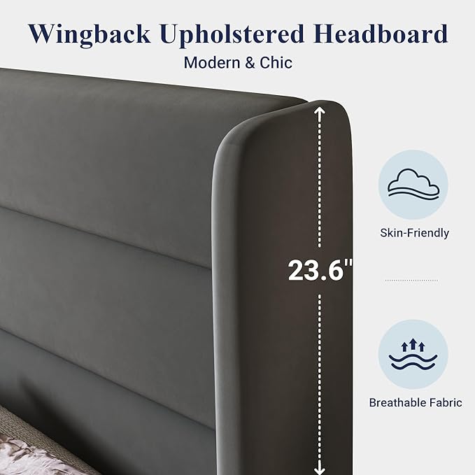 Allewie Queen Size Platform Bed Frame with Velvet Upholstered Wingback Headboard, No Box Spring Needed, Under Bed Storage Space, Strong Wooden Slats, Modern Mattress Foundation, Easy Assembly, Grey