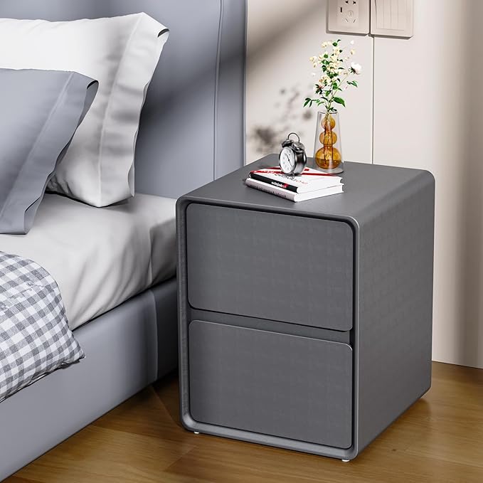 VICITON Modern Narrow Faux Leather Nightstand, Solid Wood Drawer, Storage Accent Table, Small Side End Table for Bedroom (Gray, Large(15.7inch))