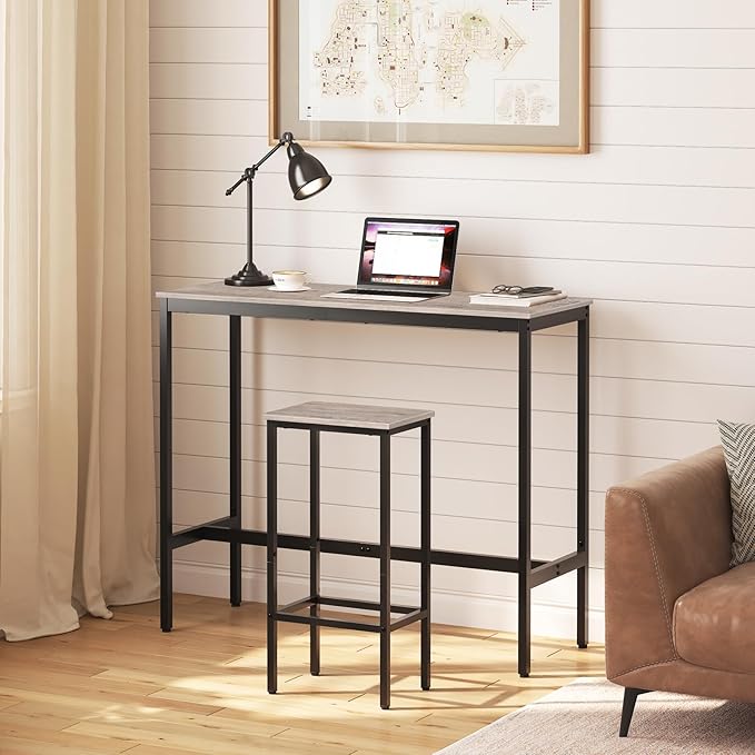 Set of 2 Bar Stools, 29.5" Tall Counter Bar Stools, Kitchen Breakfast Bar Chairs with Footrest, Rectangular Industrial Bar Chairs, for Dining Room, Greige and Black BAHG01701