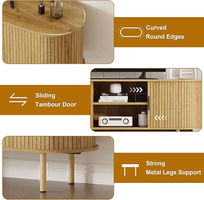 70.1" TV Stand, Modern TV Console Table with Storage Compartment and Sliding Door, Gaming Entertainment Center with Cabinet for Living Room, Bedroom, Office, Oak