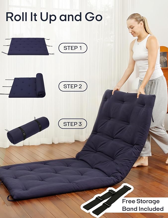 Syrinx Japanese Floor Futon Mattress, Foldable Tatami Sleeping Pad for Adults & Kids, Roll-Up Floor Bed or Bench Cushion with Anti-Slip Strap & Water-Resistant Design