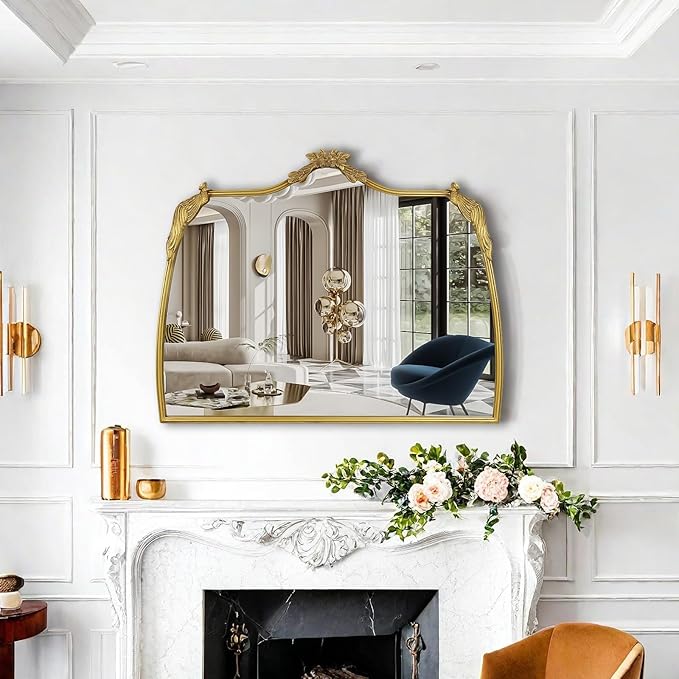 Baroque Mirror with Gold Vintage Decoration, Antique Brass Wall Mounted Mirror for Fireplace/Living Room/Hallway/Bathroom, Retro Palace Style for Decoration