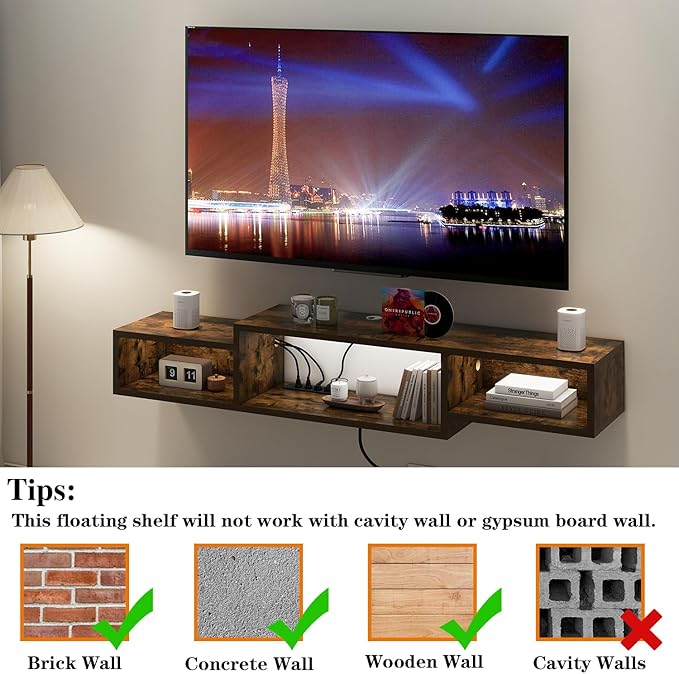 IBUYKE 59" Floating TV Stand Wall Mounted with Power Outlet,Wood Wall Mounted Media Console Shelf,Floating Entertainment Center for Under TV Storage for Living Room Bedroom Office,Rustic Brown WST007H