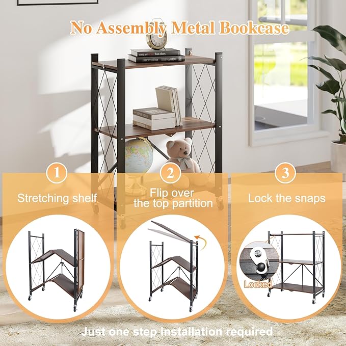 BAOYOUNI 3-Tier Vintage Industrial Bookshelf - No Assembly Folding Storage Shelf with Woodgrain Finish | Collapsible Metal Bookcase for Living Room, Office & Bedroom