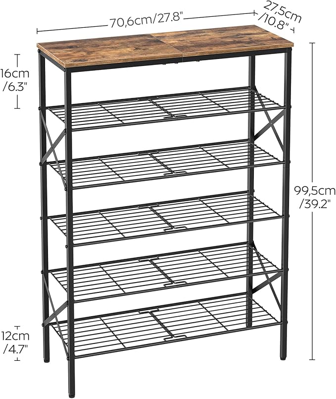 6-Tier Shoe Rack, Shoe Storage Organizer for Closet, Free Standing Shoe Organizer with Metal Mesh Shelves, 24 Pairs of Shoes, Rustic Brown and Black SS06BR
