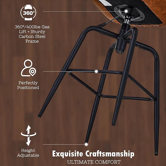 VECELO Quilted Bar Stools Set of 2, Adjustable Bar Height Swivel Bar Stools with Back, PU Leather with Stitching, Mid-Century Modern, 100% Virgin Cotton, 28~31" Tall, for Kitchen, Pub, Caramel Brown