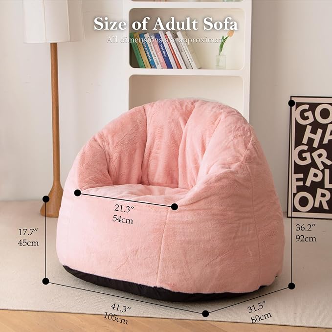 N&V Large Shell Bean Bag Chair, Adult Size Bean Bag Sack, Foam Filling, Includes Removable and Machine Washable Cover, 40in, Soft Faux Fur, Pink