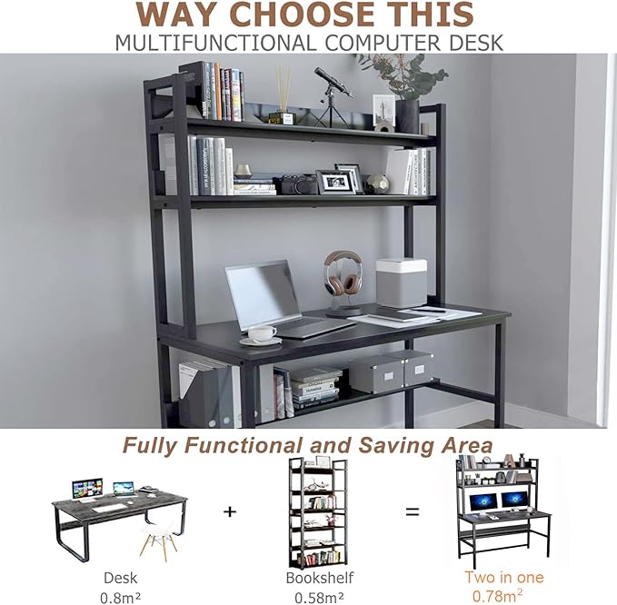 Aquzee Computer Desk with Hutch and Bookshelves, Large Leg Room 47 inch Width Black Desk with Space Saving Storage Shelves for Home Office,Study, Work, Easy Assemble
