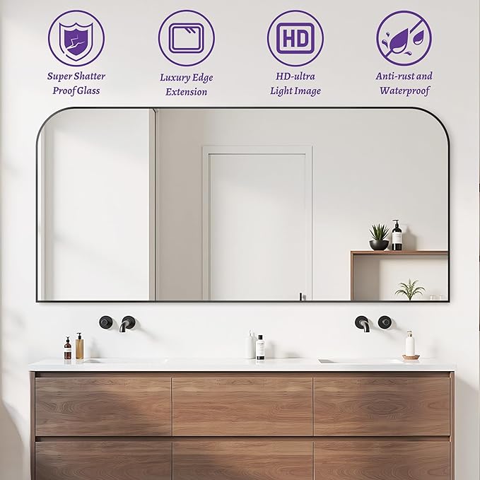 Bathroom Mirror, Wall Mirrors, Black Metal Framed Wall-Mounted Mirrors, Bathroom Vanity Mirror for Over Sink, Living Room, Bedroom, Entryway, 72x36 Inch, Black