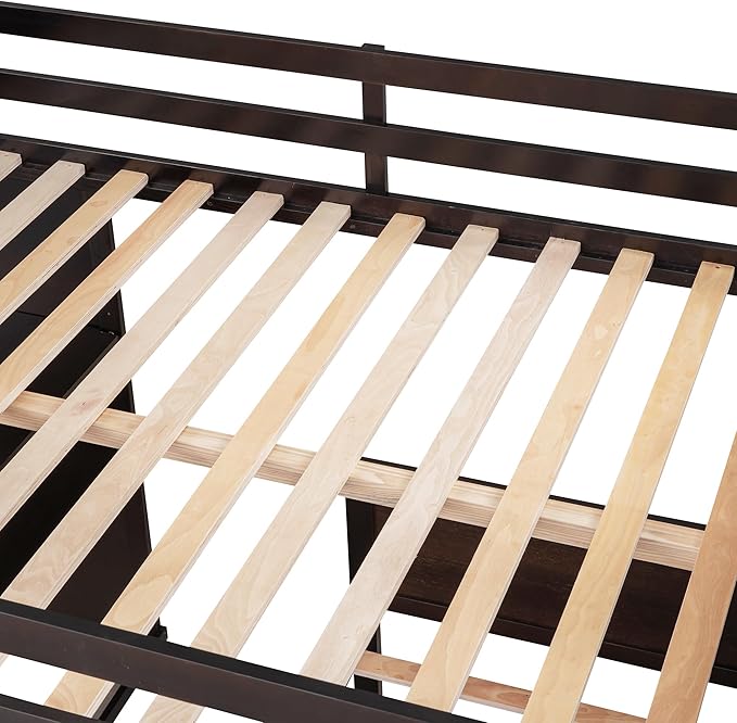Full Size Loft Bed with Wardrobe Desk and Shelves,Solid Wood Bunk Stand-Alone Platform Bedframe,w/Safety Guardrail,for Kids Teens Adults Bedroom,Espresso