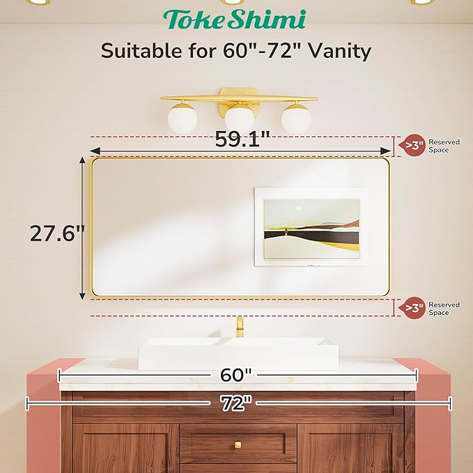 TokeShimi 60x28 Wall Mirror for Bathroom,Matte Black Bathroom Vanity Mirror,Tempered Glass,Large Rectangle Mirror,Rustproof Framed Bathroom Mirror(Horizontal/Vertical)