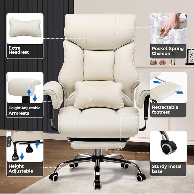 GTRACING Big and Tall Gaming Chair 400lbs Heavy Duty Office Chair with Foot Rest & Ergonomic Pocket Spring Cushion, High Back Lumbar Support for Lower Back Pain Relief, Beige