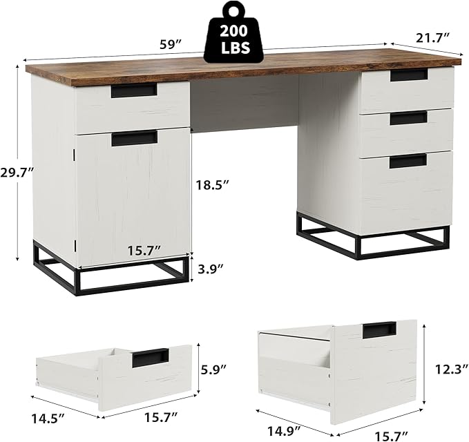 Garvee 59" Farmhouse Executive Desk, Home Office Desk with File Drawer and Storage Cabinet, Wooden Computer Table with 3 Drawers for Work and Study (Vintage)