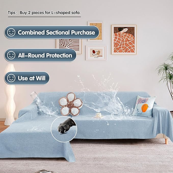 STACYPIK Waterproof Sky Blue Loveseat Couch Cover for Sectional, Couch Cover for Dogs, Anti-Slip Anti-Cat Scratch Furniture Protector for 2 Cushion Couch, Modern Couch Cushion Covers for Pets-71X102IN