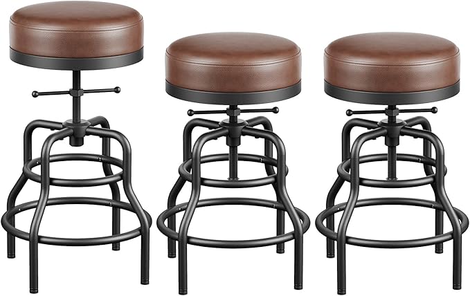 Adjustable Height Swivel Bar Stools Set of 3, 22-29 Inch Industrial Vintage Bar Counter Height Stools with Thicken Premium Bonded Leather Seats & Updated Footrests, Easy Assembly, Brown