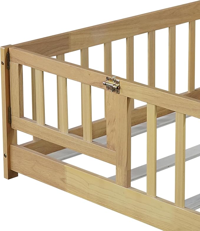 Twin Floor Bed Frame with Slats and Safety Guardrail, Wood Twin Size Montessori Floor Bed with Door and Fence, Easy Assemble Montessori Beds for Kids, Girls, Boys, Natural