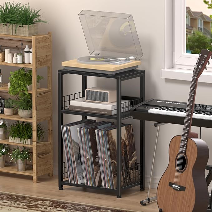 LELELINKY Side Table with Storage, Black Night Stand for Small Spaces, 3 Tier Industrial Wooden Record Player Holder with Vinyl Storage Shelf, End Tables Printer Stand for Bedroom