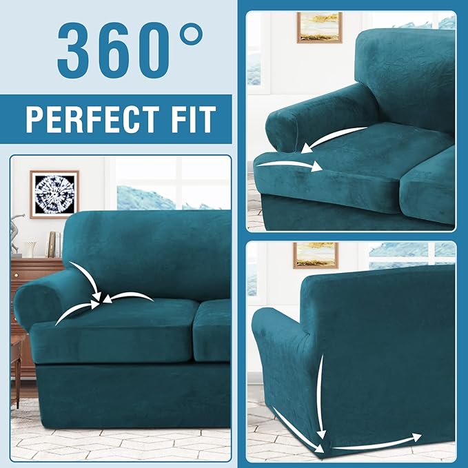 H.VERSAILTEX Sofa Cover 3 Piece T Cushion Loveseat Slipcovers Thick Velvet Couch Cover Furniture Protector Stretch T Cushion Sofa Covers for 2 Cushion Couch with 2 T Cushion Covers Washable, Deep Teal
