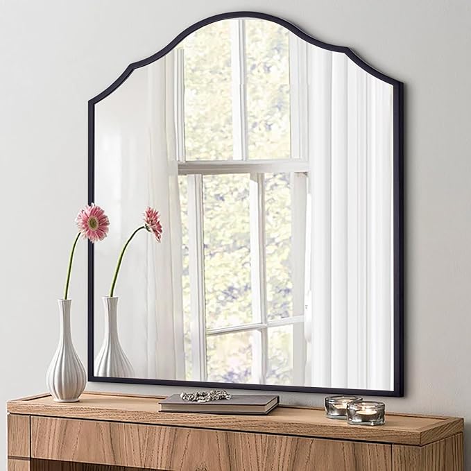 32"x30" Vanity Mirror for Wall, with Black Arched Decorative Metal Frame, Scalloped Entryway Mirror for Bedroom, Bathroom, Living Room