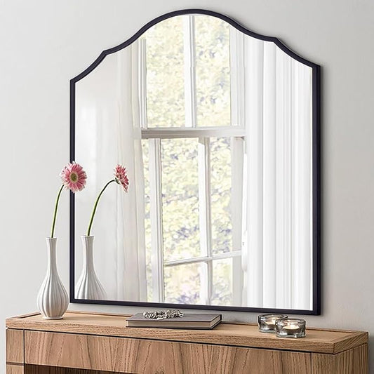 32"x30" Vanity Mirror for Wall, with Black Arched Decorative Metal Frame, Scalloped Entryway Mirror for Bedroom, Bathroom, Living Room
